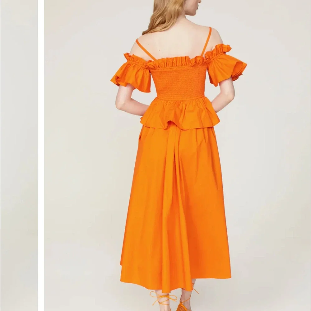 Toccin Orange Midi Dress XL Smocked Cottage Ruffle Cotton Designer $500 - Picture 2 of 11